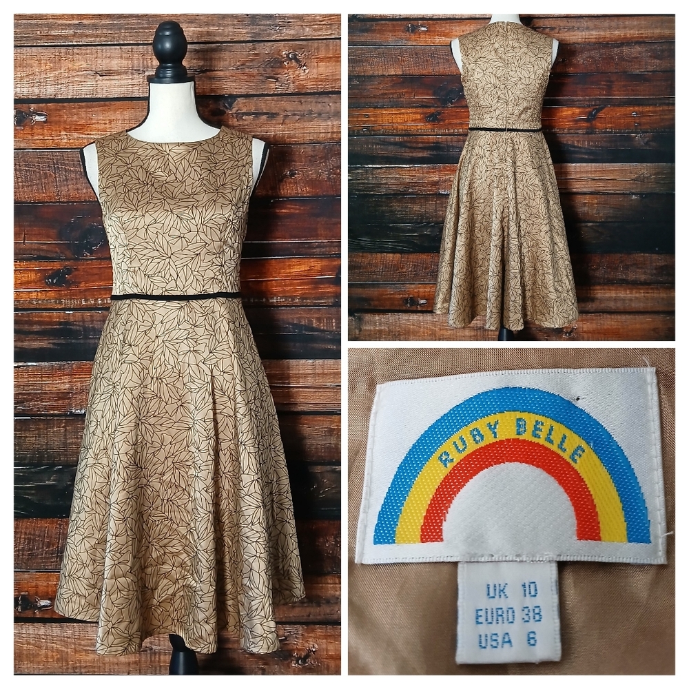 Ruby Belle Dress 6 Vintage Fit & Flare Gold Satin Embroidered
